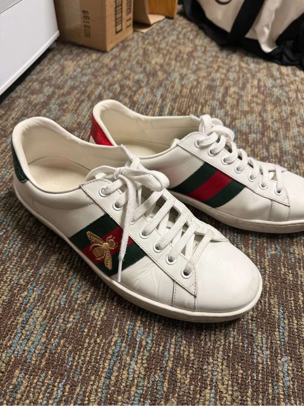 Gucci White Leather Sneakers with Red & Green Web and Gold Bee